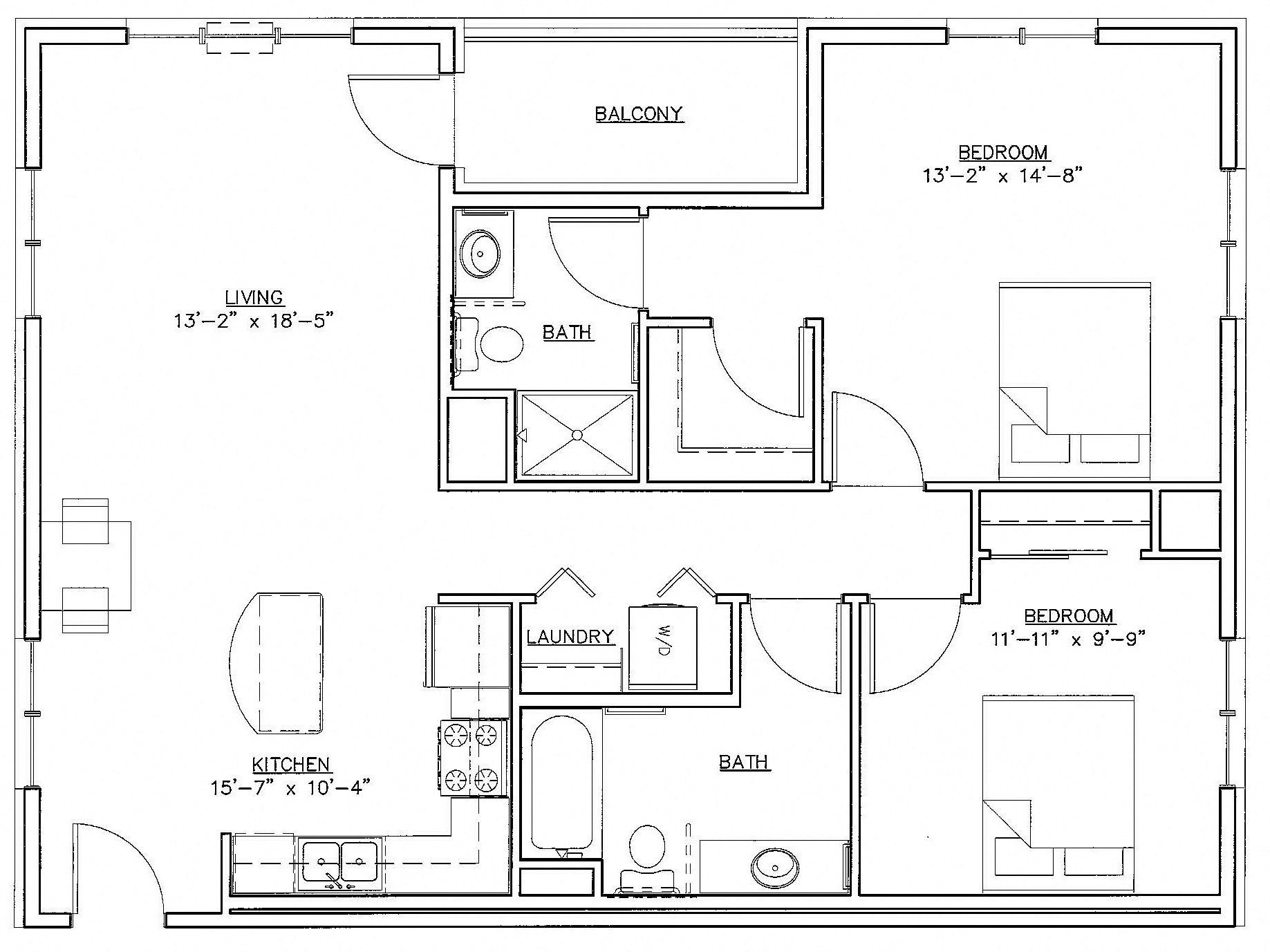 Floor plan for 2 beds, 2 baths, 1160 sqft